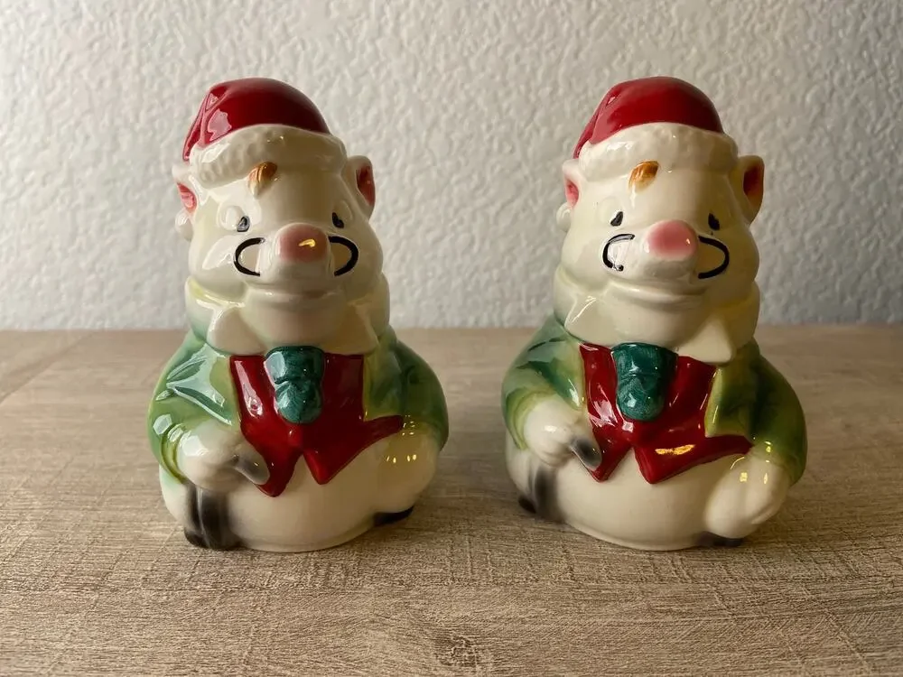 Vintage Salt Pepper Shakers Warthog Santa Claus Hat Christmas